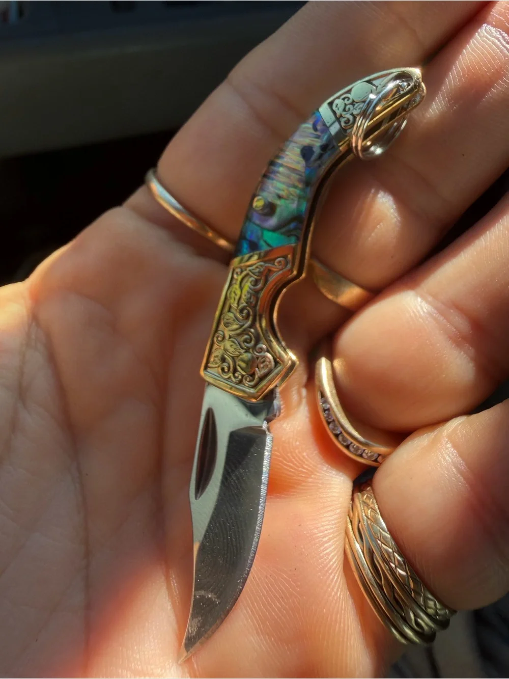 Multicolor Abalone & Gold Folding Keychain Knife - Men Accessories